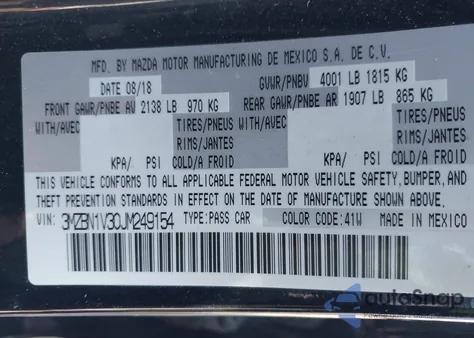 2018 Mazda Mazda3 Touring from USA, damaged, VIN 3MZBN1V30JM249154